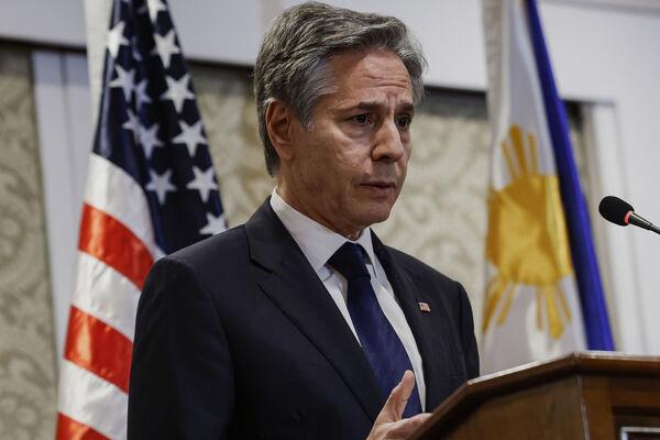 US secretary of State Antony Bl<em></em>inken and Philippines' secretary of foreign affairs Enrique Manalo, not pictured, hold a joint press conference, at the Sofitel Hotel in Manila, Philippines, Tuesday, March 19, 2024. (Evelyn Hockstein/Pool Photo via AP)